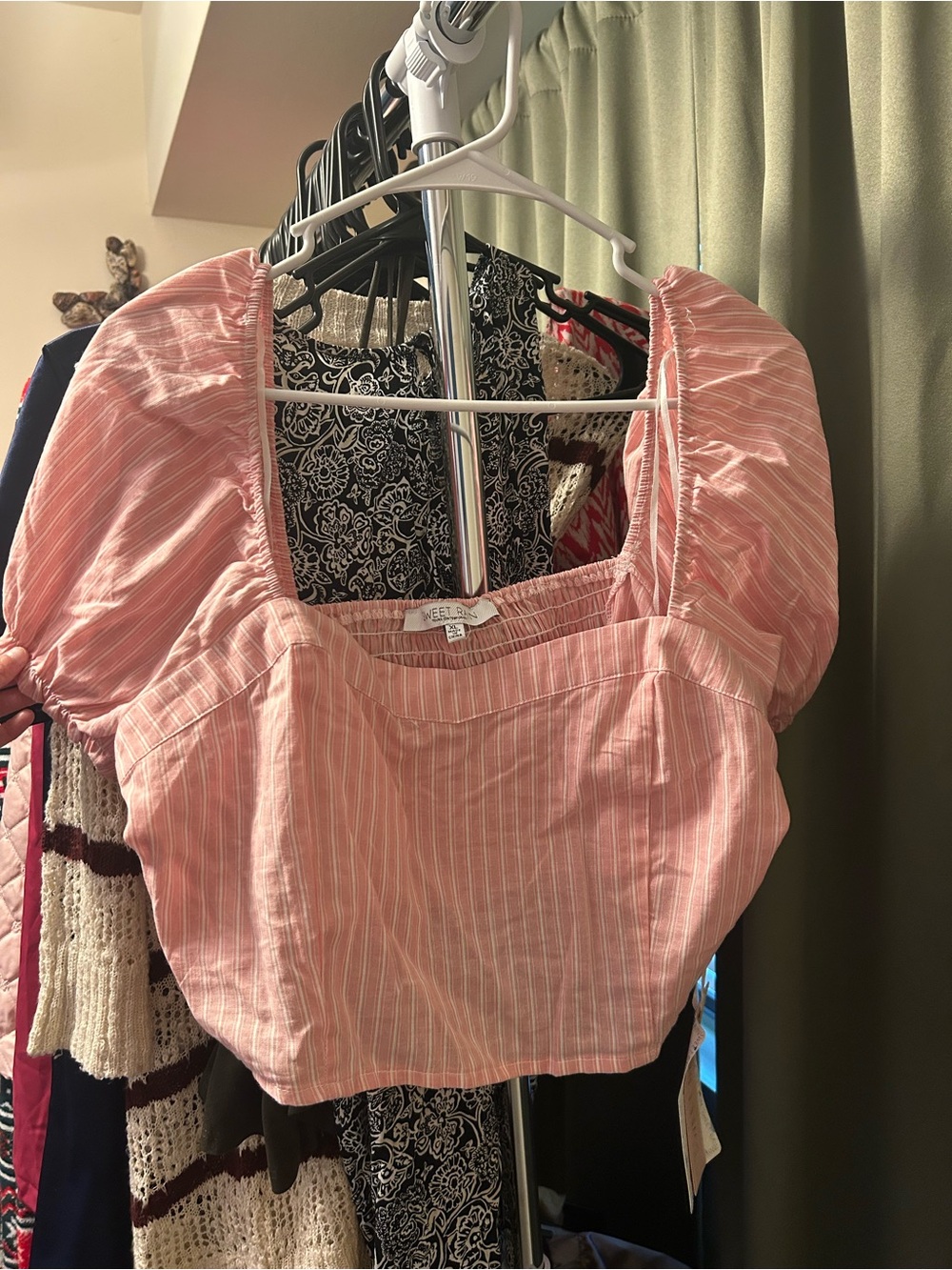 Pink Striped Puff Sleeve Crop Top and Pants Set